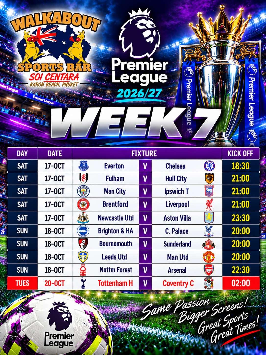 Premier League Week 7 Pub Fixture Board EPL 2024-25 Week 9